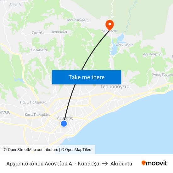 Αρχιεπισκόπου Λεοντίου Α´ - Καρατζά to Akroúnta map