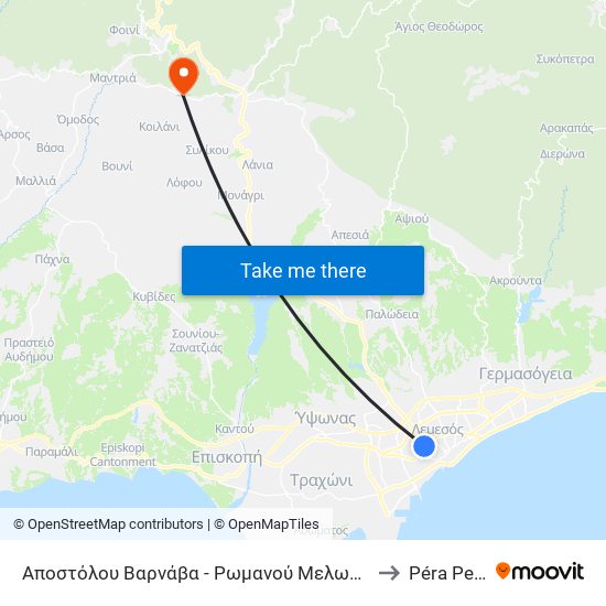 Αποστόλου Βαρνάβα - Ρωμανού Μελωδού to Péra Pedí map