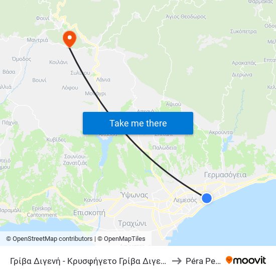 Γρίβα Διγενή - Κρυσφήγετο Γρίβα Διγενή to Péra Pedí map