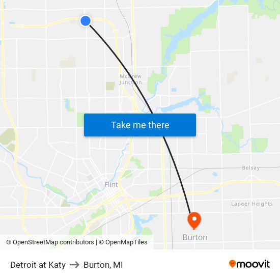 Detroit at Katy to Burton, MI map