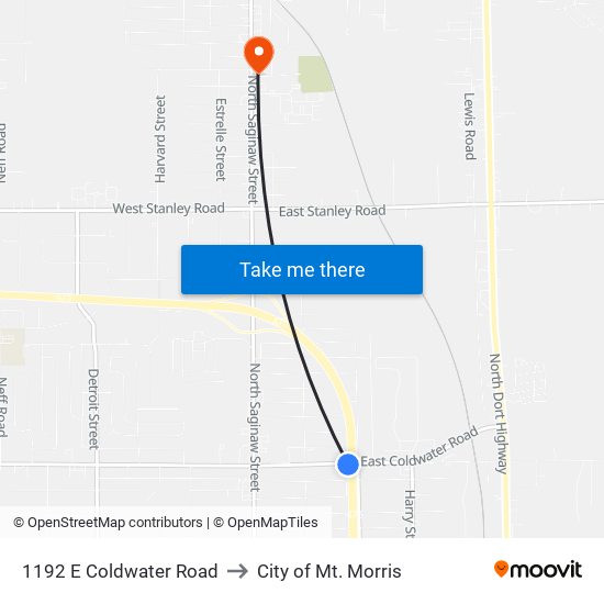 1192 E Coldwater Road to City of Mt. Morris map