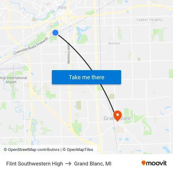 Flint Southwestern High to Grand Blanc, MI map