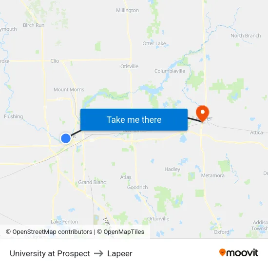 University at Prospect to Lapeer map
