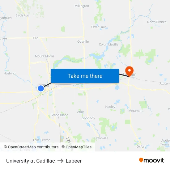 University at Cadillac to Lapeer map