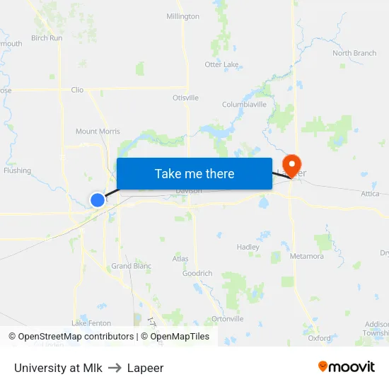 University at Mlk to Lapeer map