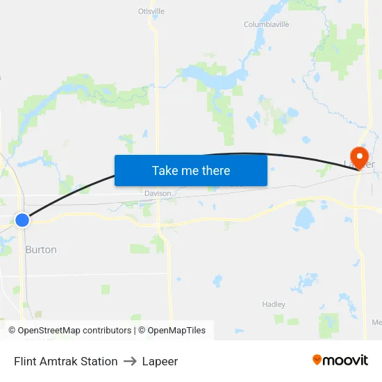 Flint Amtrak Station to Lapeer map