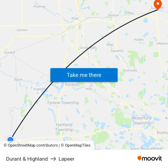 Durant & Highland to Lapeer map