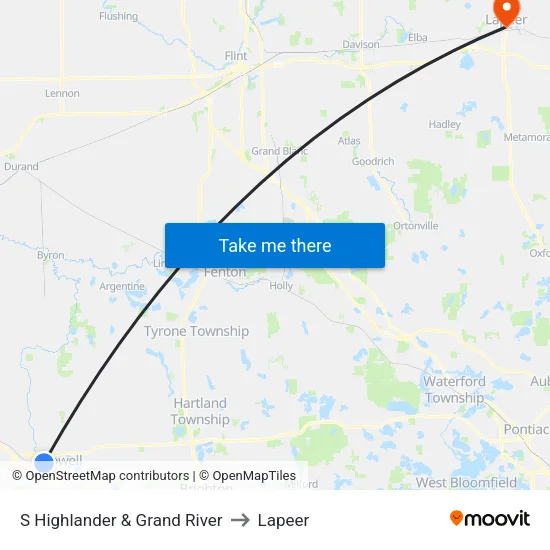 S Highlander & Grand River to Lapeer map