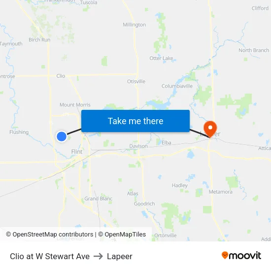Clio at W Stewart Ave to Lapeer map