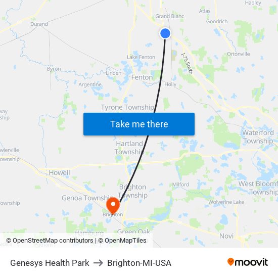 Genesys Health Park to Brighton-MI-USA map