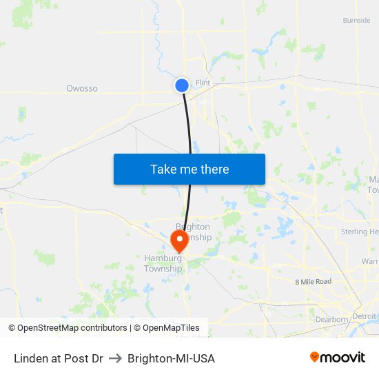 Linden at Post Dr to Brighton-MI-USA map