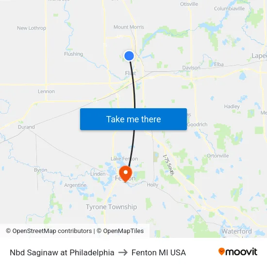 Nbd Saginaw at Philadelphia to Fenton MI USA map