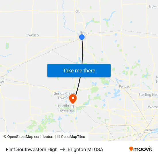 Flint Southwestern High to Brighton MI USA map
