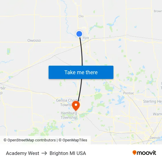 Academy West to Brighton MI USA map