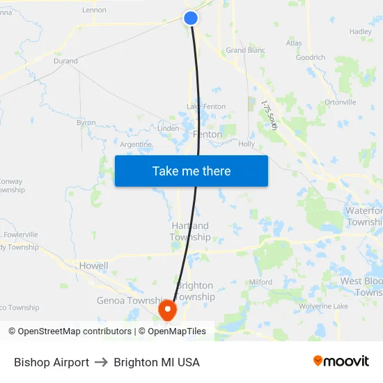 Bishop Airport to Brighton MI USA map