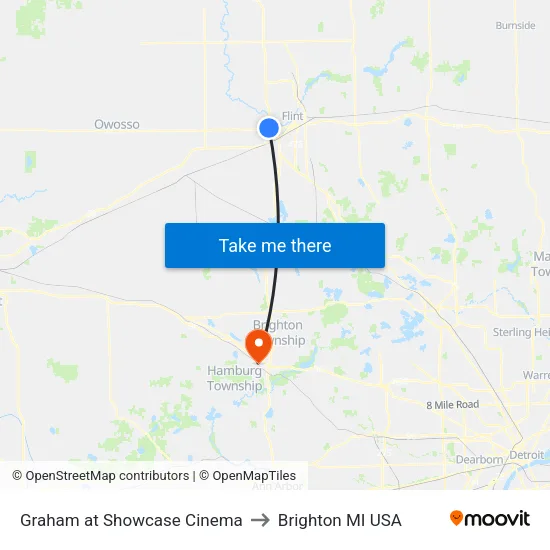 Graham at Showcase Cinema to Brighton MI USA map
