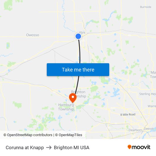 Corunna at Knapp to Brighton MI USA map