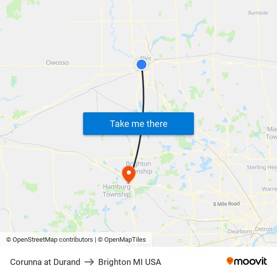 Corunna at Durand to Brighton MI USA map