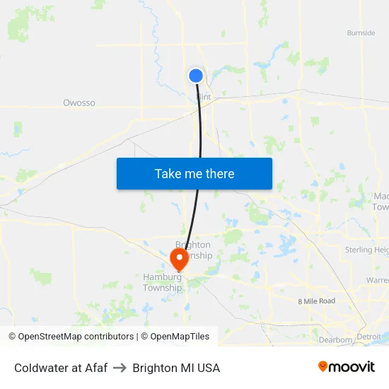 Coldwater at Afaf to Brighton MI USA map