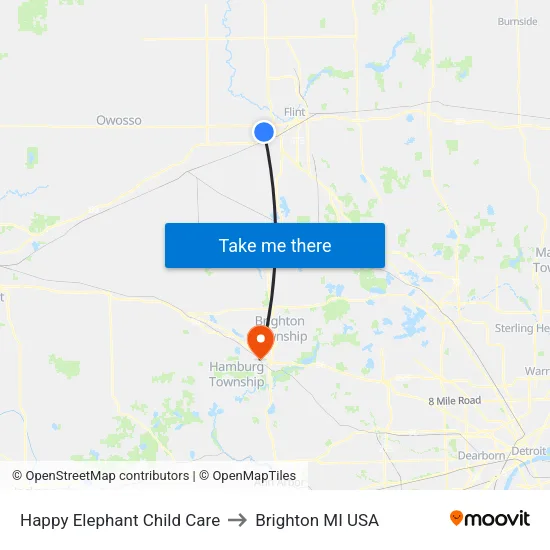 Happy Elephant Child Care to Brighton MI USA map