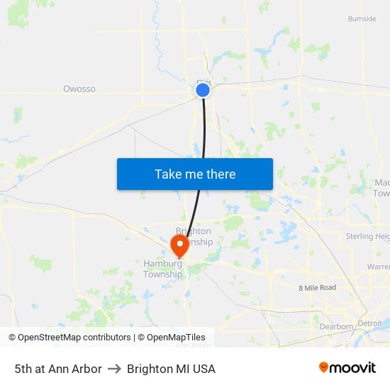 5th at Ann Arbor to Brighton MI USA map