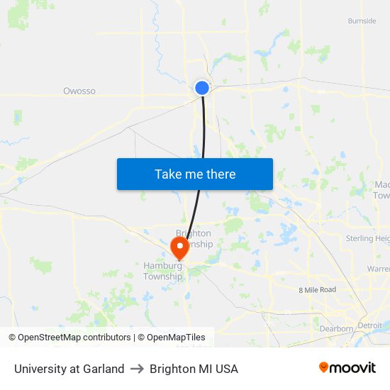 University at Garland to Brighton MI USA map