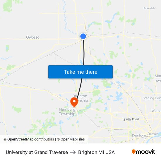 University at Grand Traverse to Brighton MI USA map