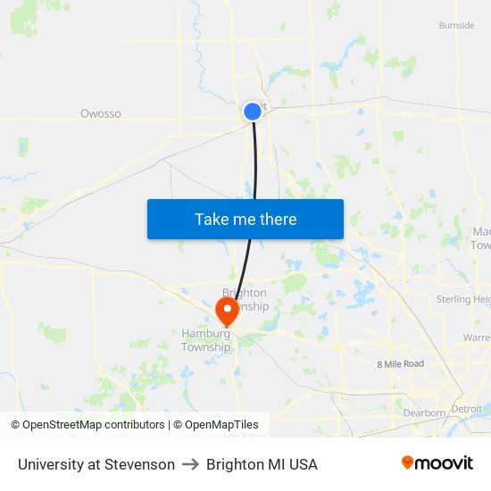 University at Stevenson to Brighton MI USA map