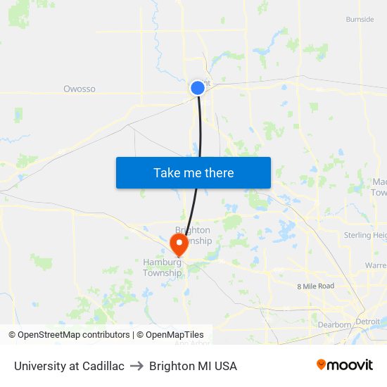 University at Cadillac to Brighton MI USA map