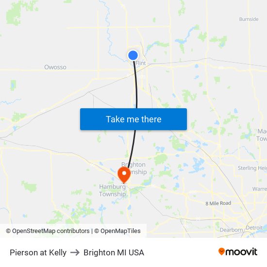 Pierson at Kelly to Brighton MI USA map