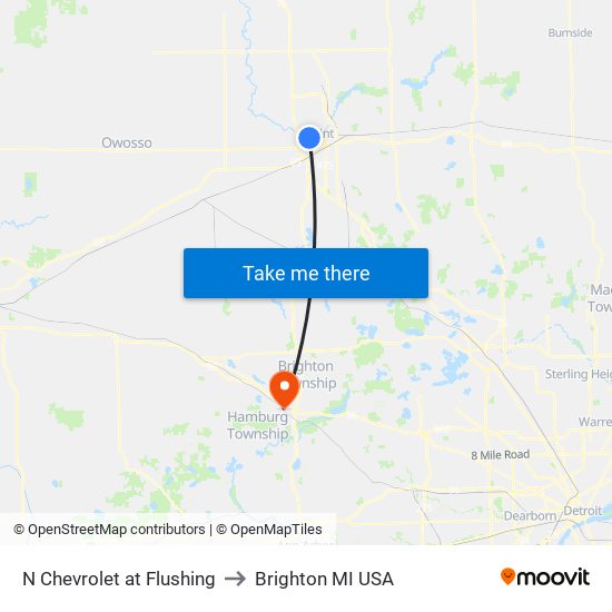 N Chevrolet at Flushing to Brighton MI USA map