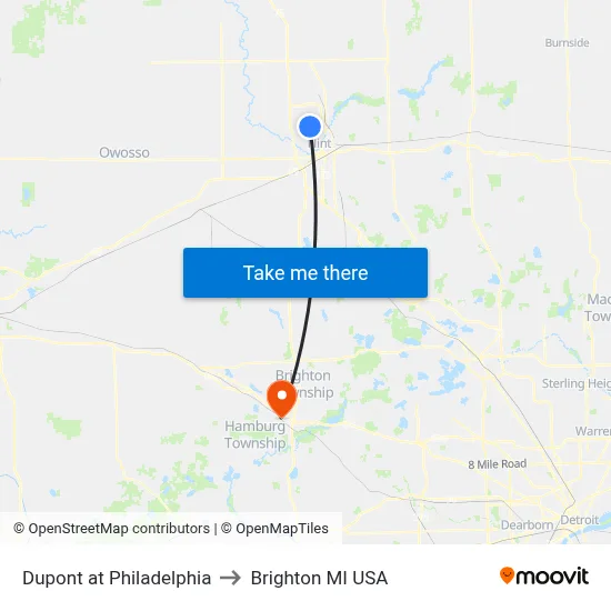 Dupont at Philadelphia to Brighton MI USA map
