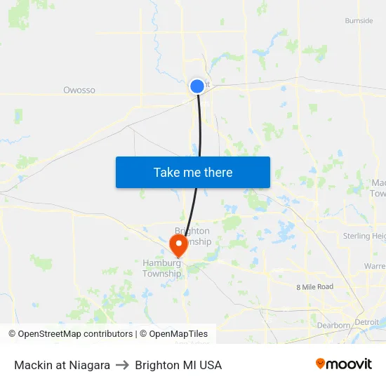 Mackin at Niagara to Brighton MI USA map