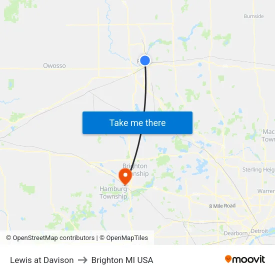 Lewis at Davison to Brighton MI USA map