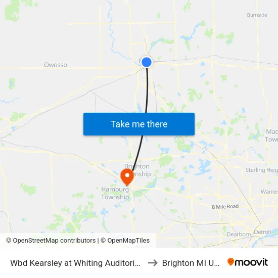 Wbd Kearsley at Whiting Auditorium to Brighton MI USA map