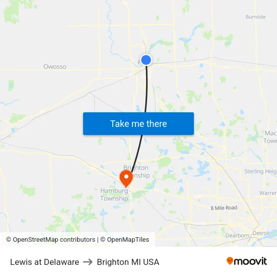 Lewis at Delaware to Brighton MI USA map