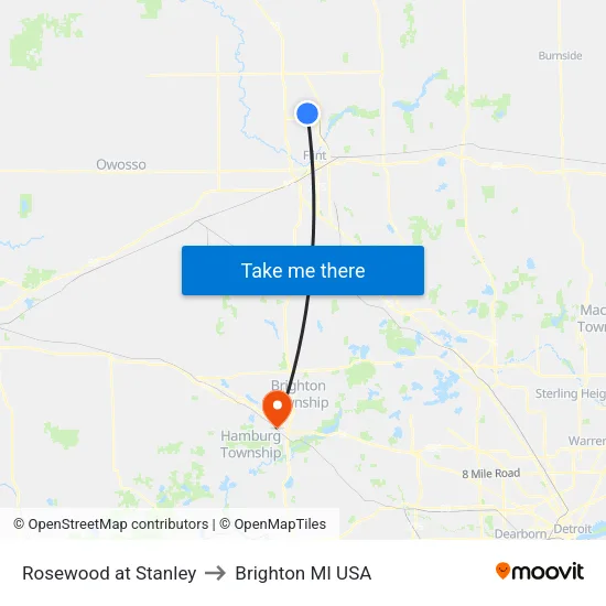 Rosewood at Stanley to Brighton MI USA map