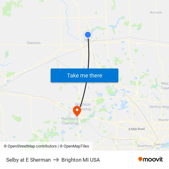 Selby at E Sherman to Brighton MI USA map