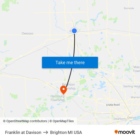 Franklin at Davison to Brighton MI USA map