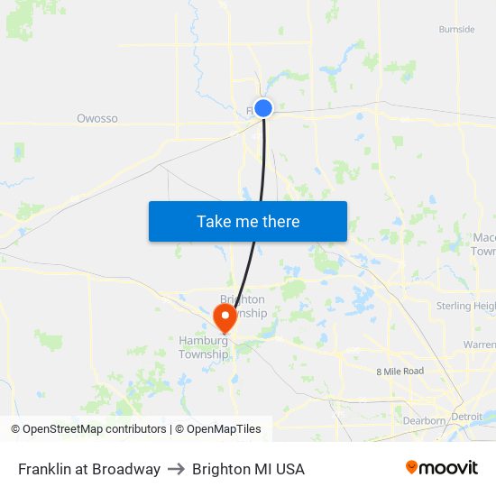 Franklin at Broadway to Brighton MI USA map