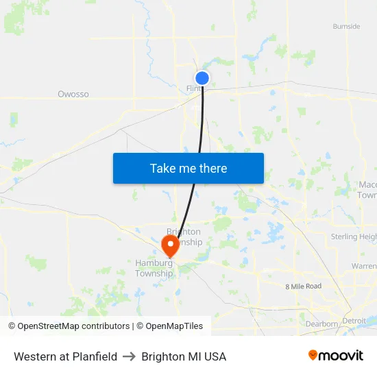 Western at Planfield to Brighton MI USA map