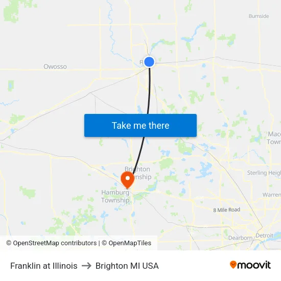 Franklin at Illinois to Brighton MI USA map