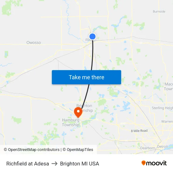 Richfield at Adesa to Brighton MI USA map