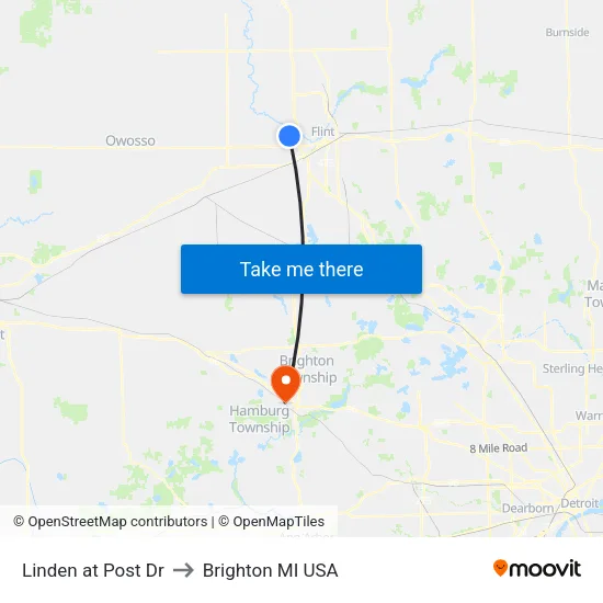 Linden at Post Dr to Brighton MI USA map