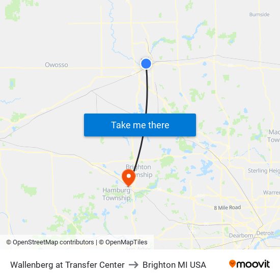 Wallenberg at Transfer Center to Brighton MI USA map