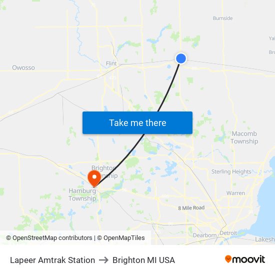 Lapeer Amtrak Station to Brighton MI USA map