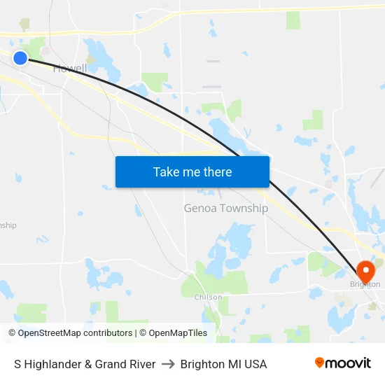 S Highlander & Grand River to Brighton MI USA map