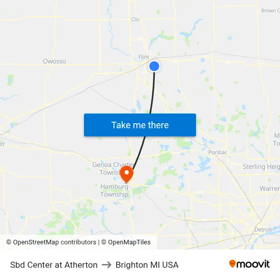 Sbd Center at Atherton to Brighton MI USA map