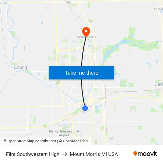 Flint Southwestern High to Mount Morris MI USA map