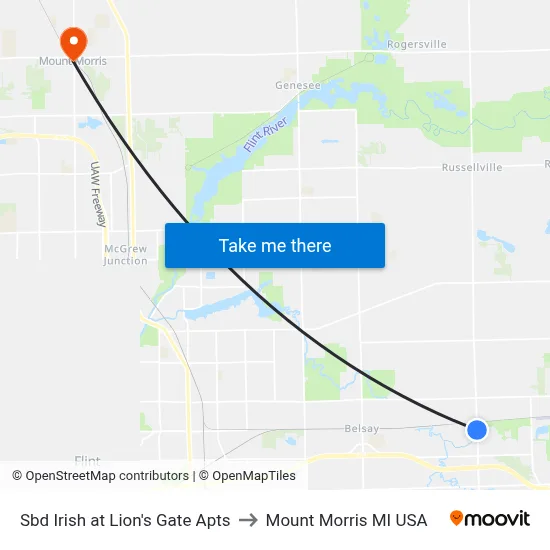 Sbd Irish at Lion's Gate Apts to Mount Morris MI USA map